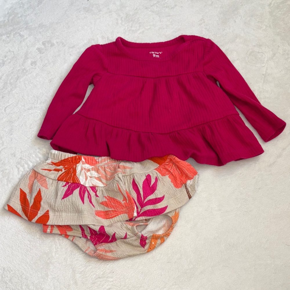 Carters 9 month Pink Long Sleeve Top and Floral Shorts Set baby girl clothing